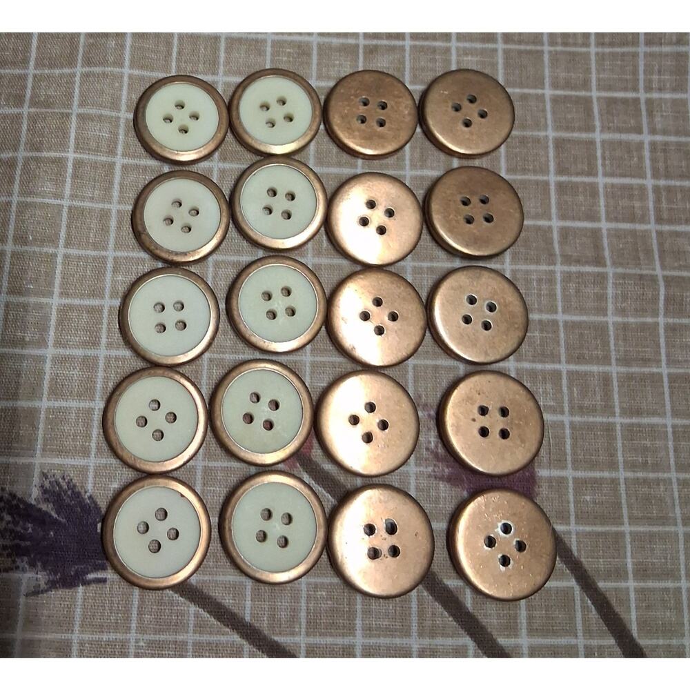 Vtg oldstock 20 ct goldtone metal button ivory color center plastic 2 hole 1.5cm